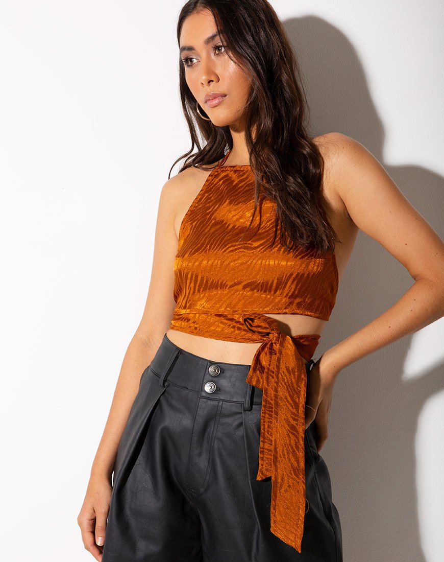 Afbeelding van Vhan Crop Top in Satijn Zebra Goud Koraal