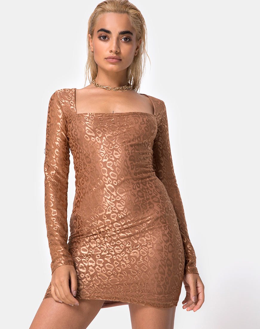 Vilan Bodycon Jurk in Luipaard Glans Net Caramel