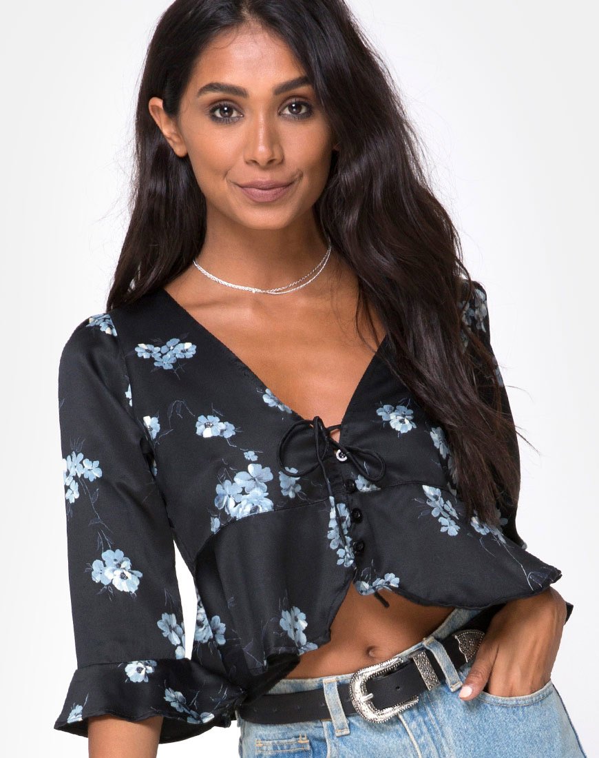 Vinequa top in satijn monobloem zwart