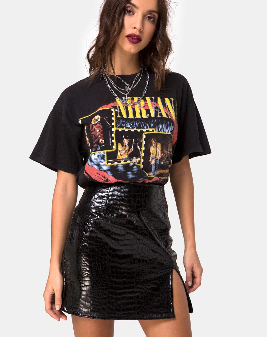 Wave rok in PU Croco Zwart