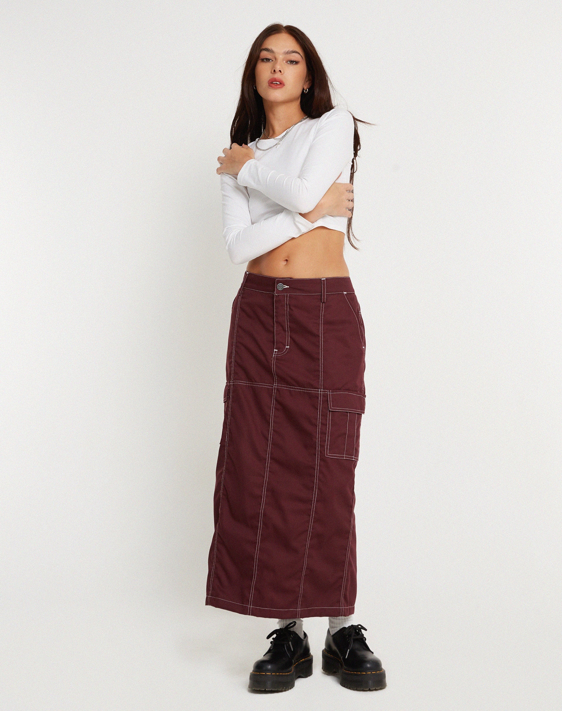 Afbeelding van Widya Rok Roodhout Wit Top Stitch