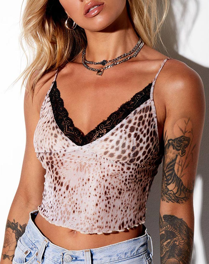 Afbeelding van Yenika Cami Top in Mesh Zand Luipaard