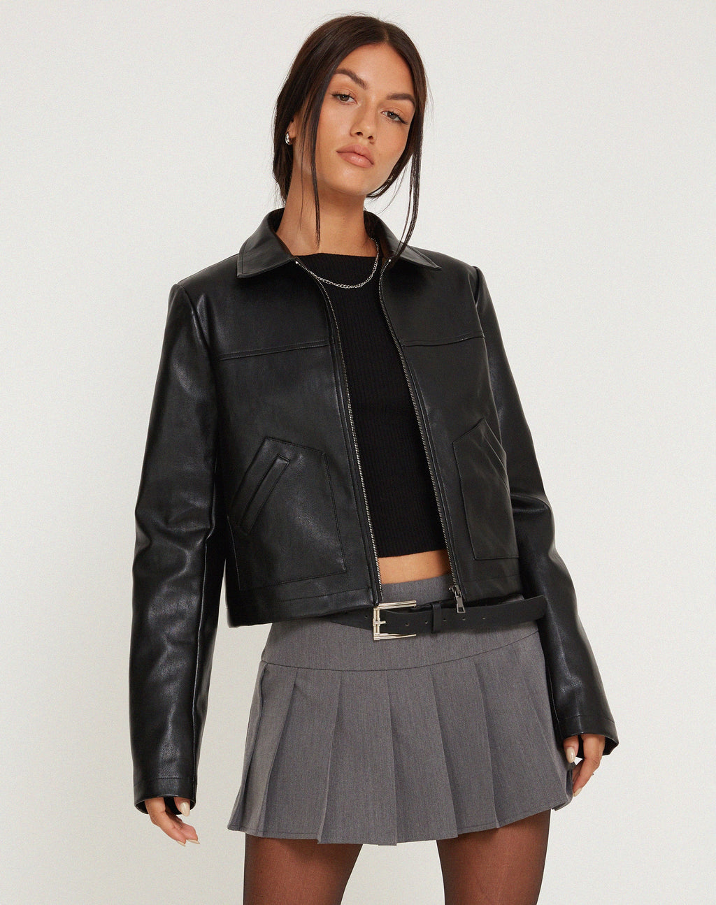 Yonde Zip Up Jas in PU Zwart