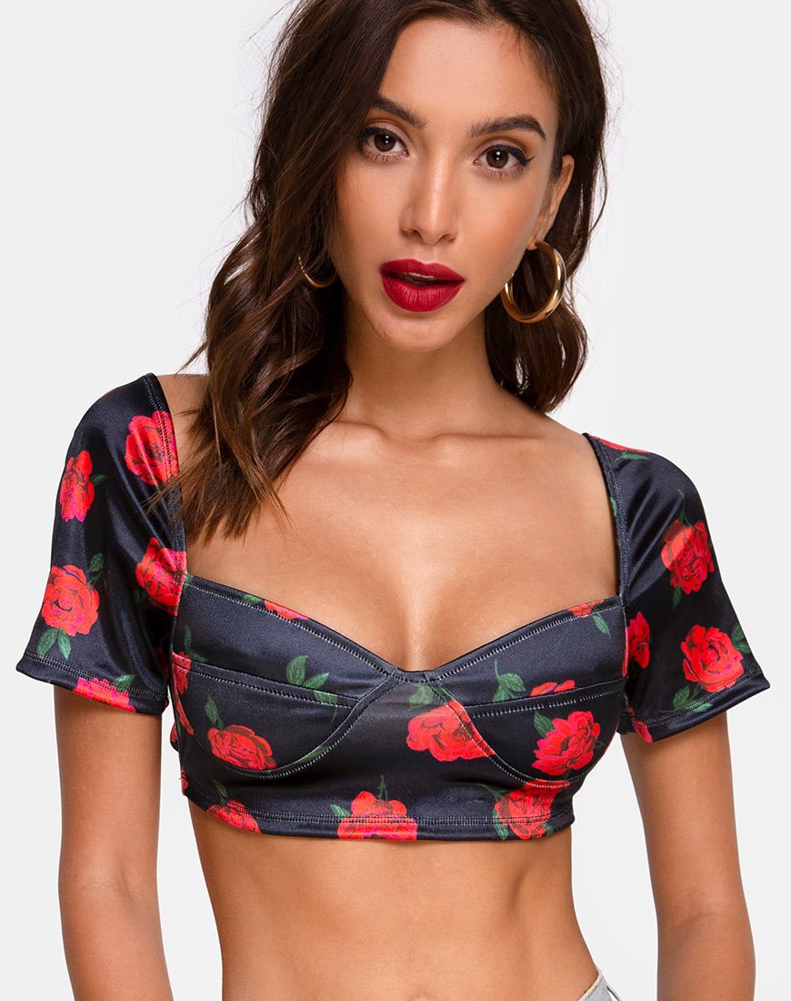 Yoona Top in Satijn Stretch Last Rose Zwart