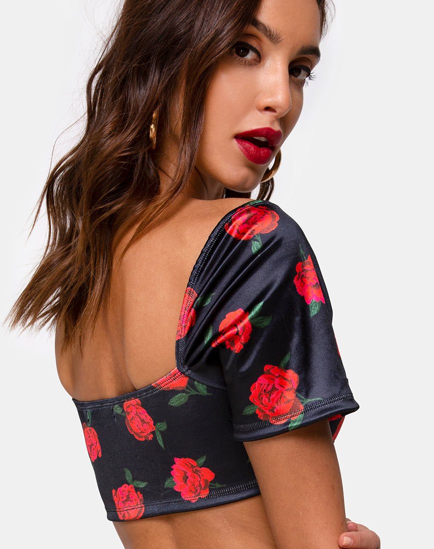 Yoona Top in Satijn Stretch Last Rose Zwart