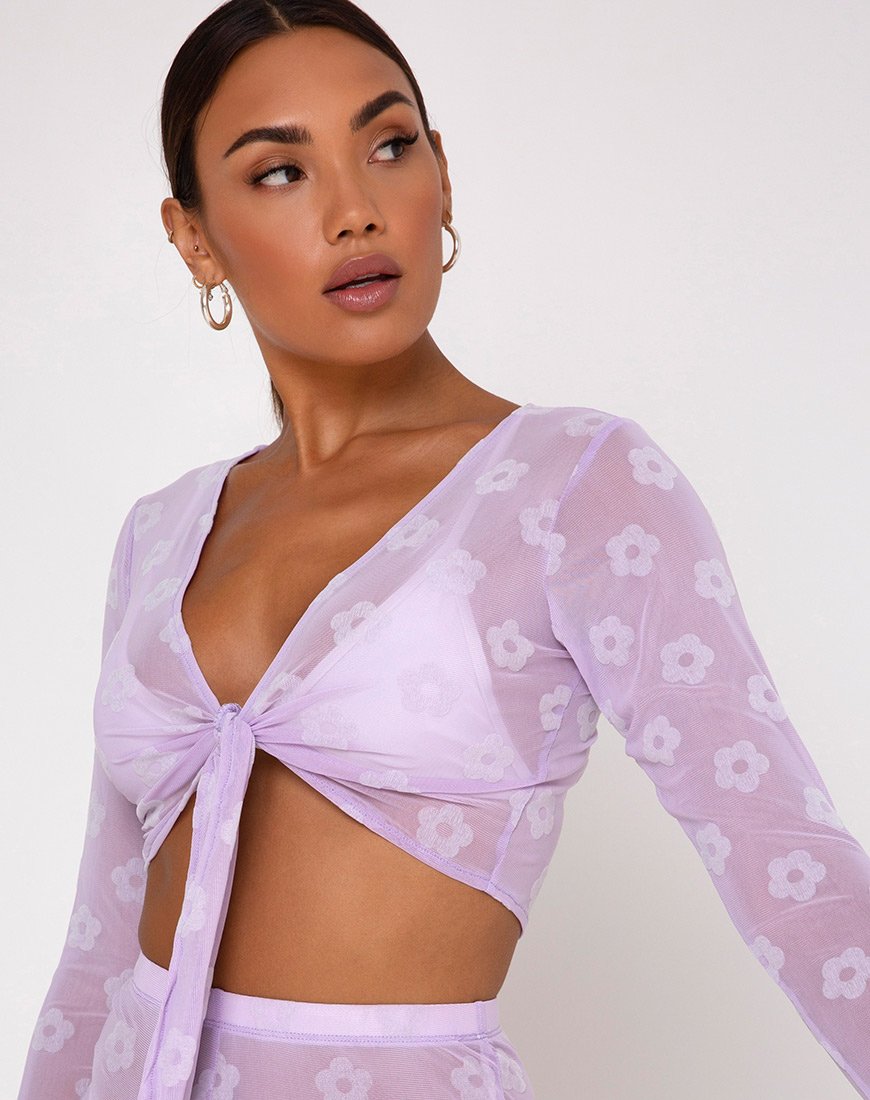 Yun Gewatteerde Top in Lila Mesh Daisy White Flock