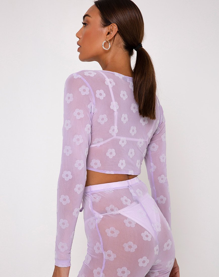 Yun Gewatteerde Top in Lila Mesh Daisy White Flock