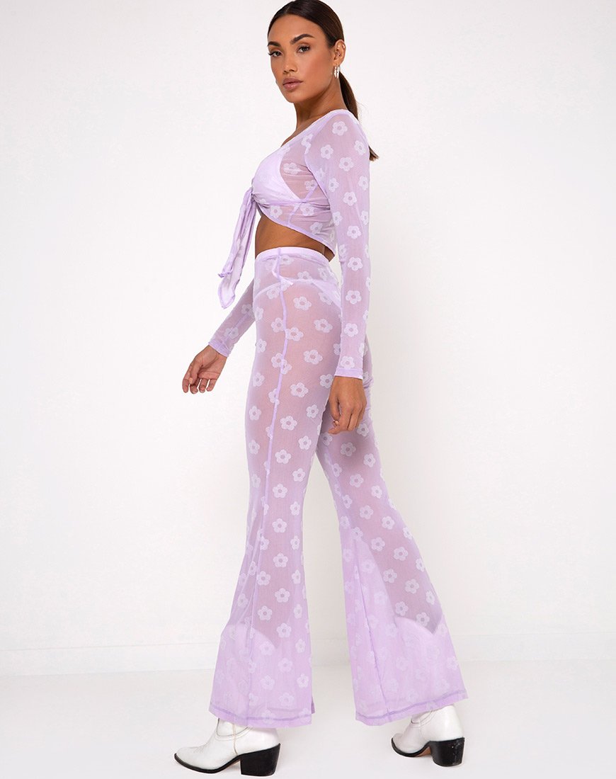 Herlom Flare broek in lila mesh met wit vlokje