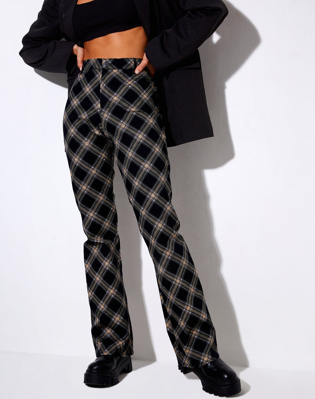 Zoven Flare Broek in 20's Check Zwart en Grijs