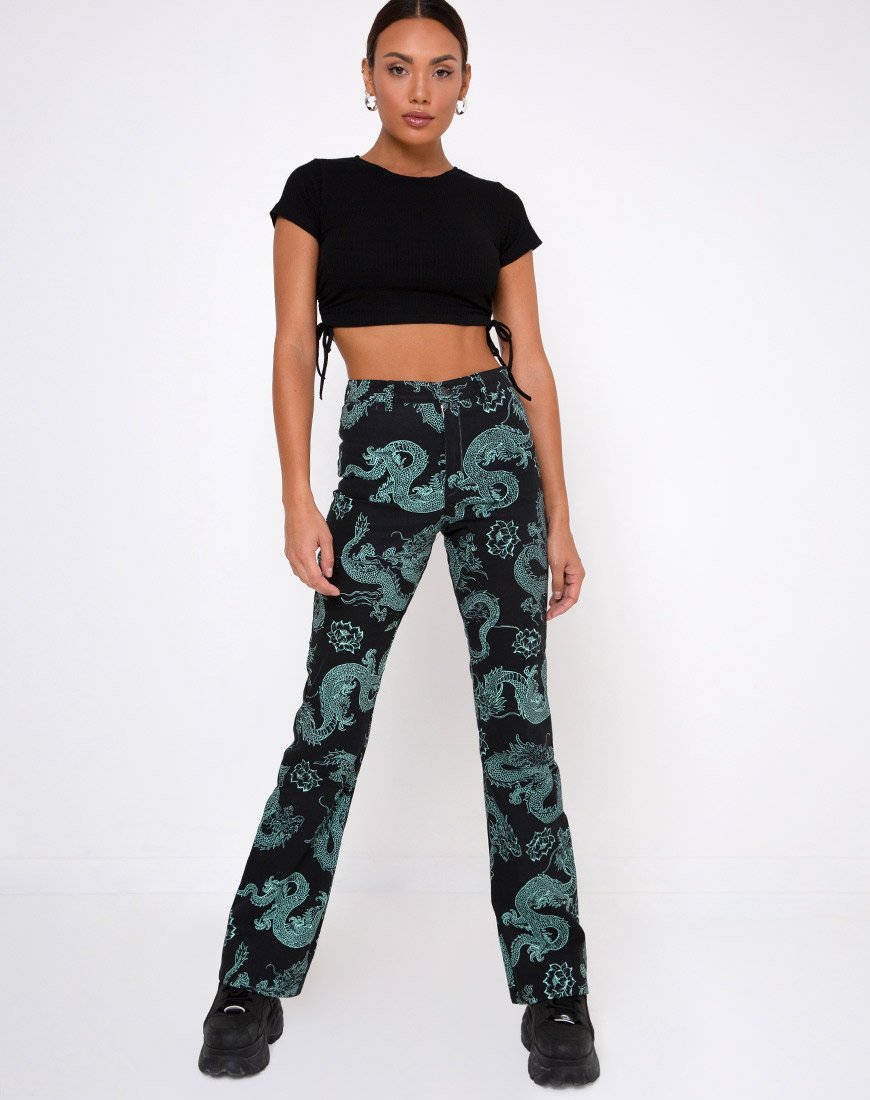 Afbeelding van Zoven Broek in Dragon Flower Zwart en Mint