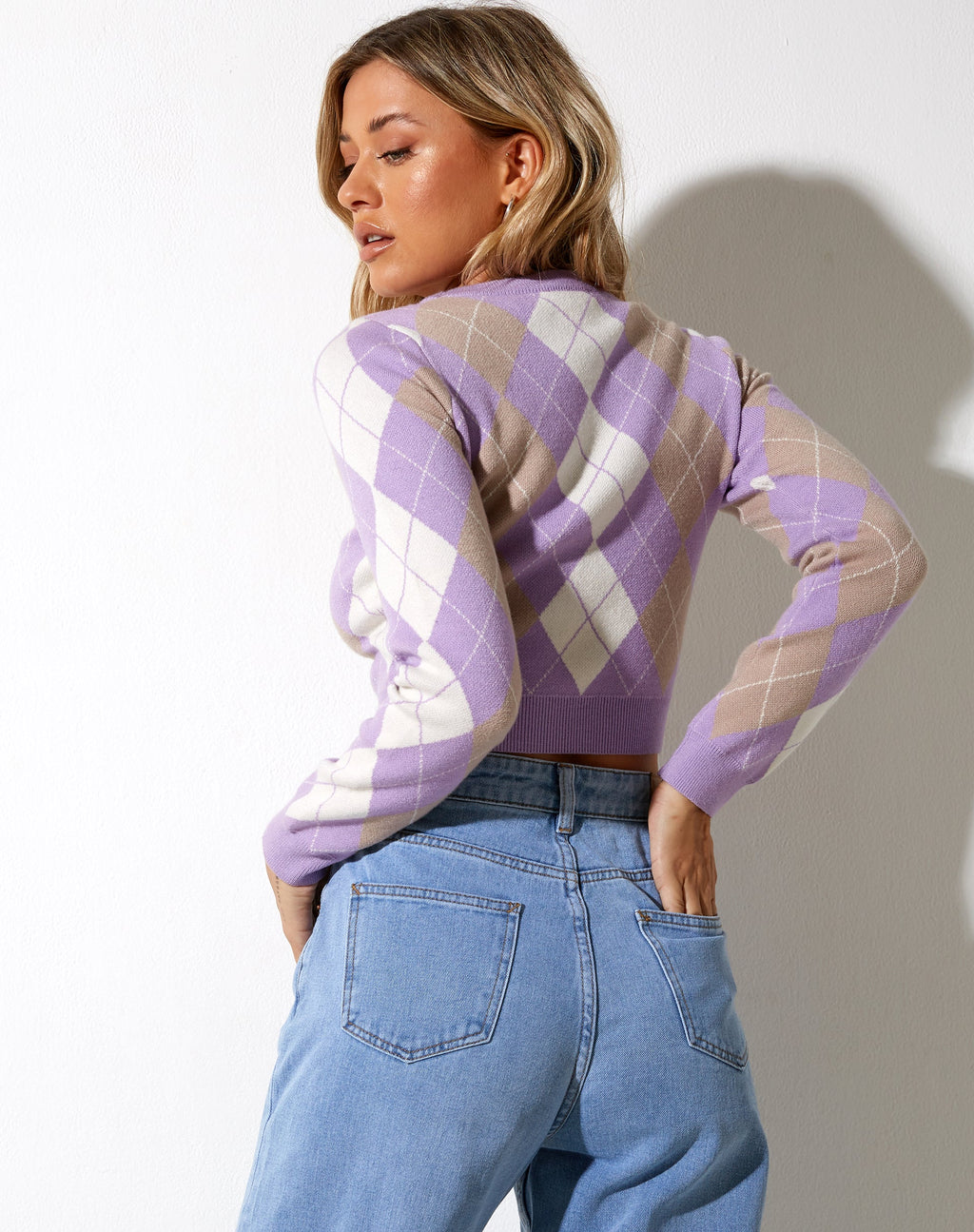 Zuki trui in Argyle Lila Crème en Tan