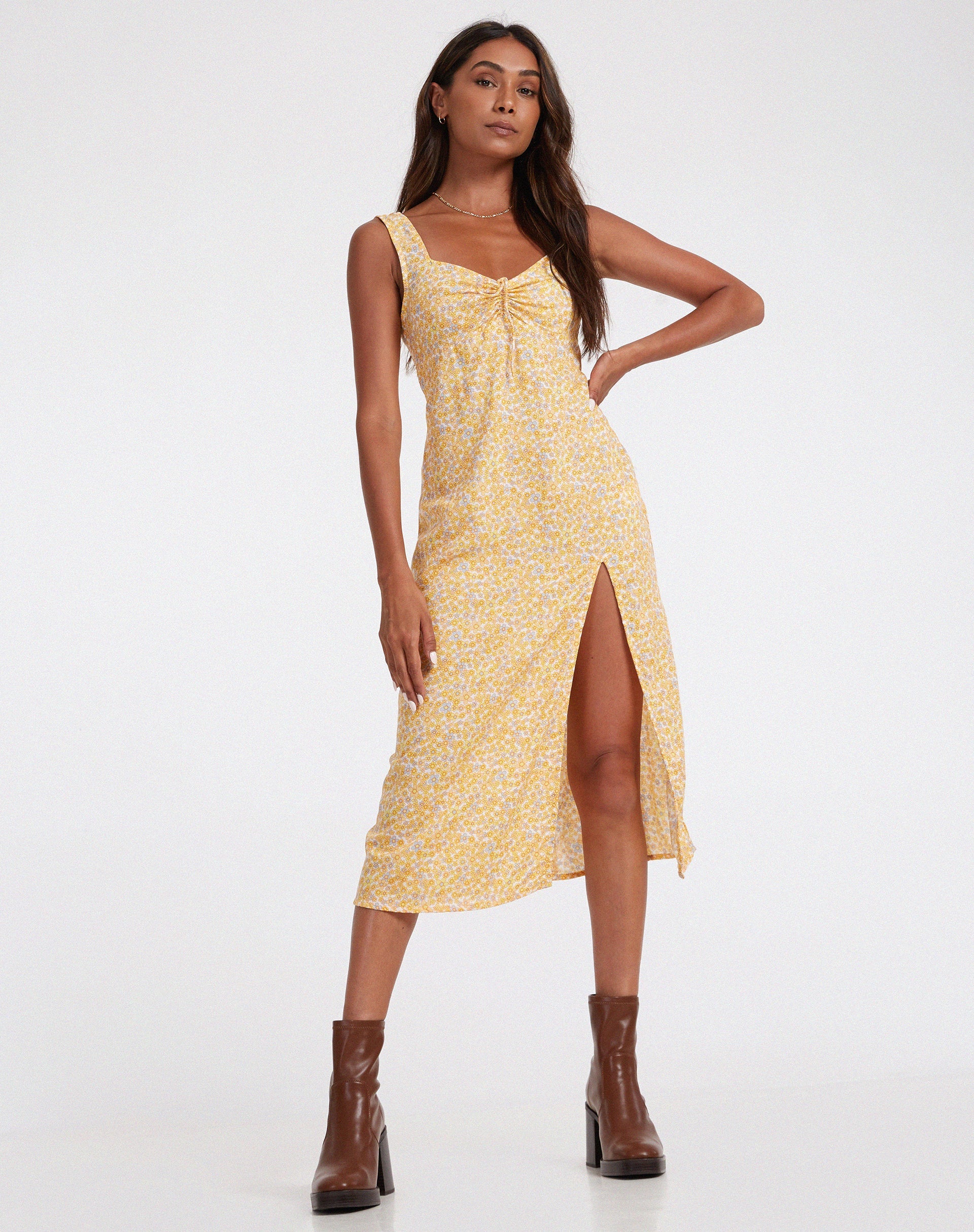 Afbeelding van Jorie Midi Dress in Flower Garden Geel